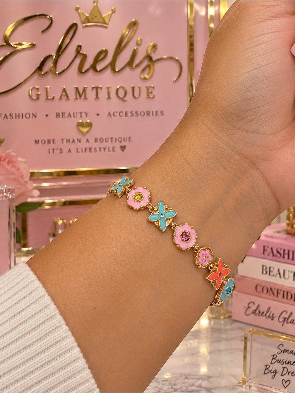 Pink & Blue Floral Gold Bracelet